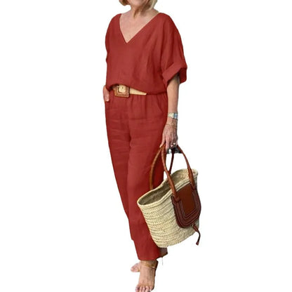 2 piece sets women outfit Women Suits Gray V-neck Short Sleeve Tops Wide Leg Pants Loose 2-piece Set Women Casual Women Clothes