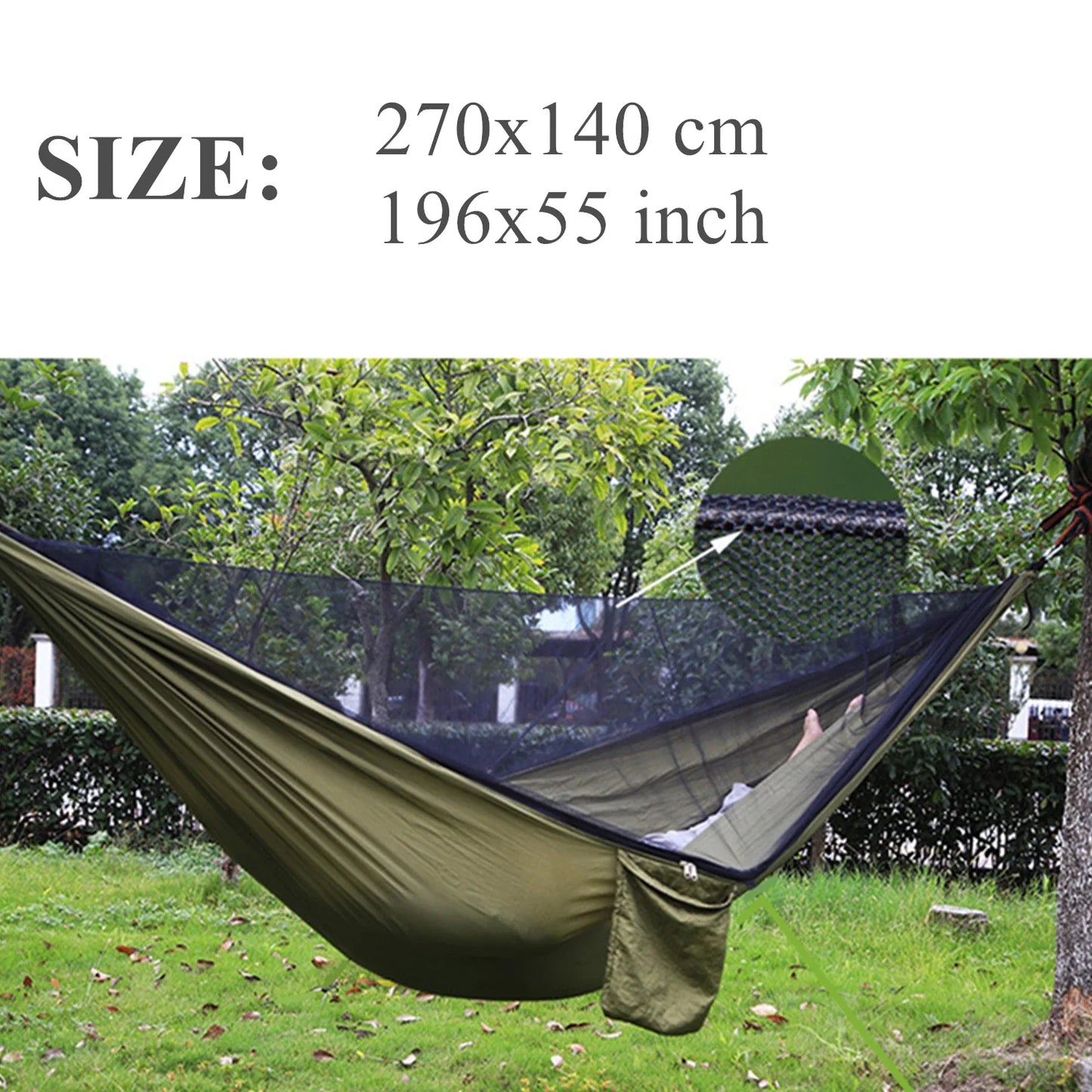 Camping hammock with mosquito net, portable outdoor hammock with mosquito net, equipped with 2 straps and hooks, suitable for travel, backyard, beach, and other outdoor activities