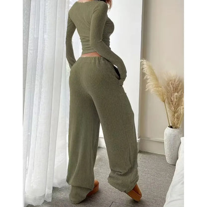 Fashion Knitted One-shoulder T-shirt Long-sleeved Women Trousers 2 Piece Set Autumn Casual Navel-baring Tops Home Wear Set Woman