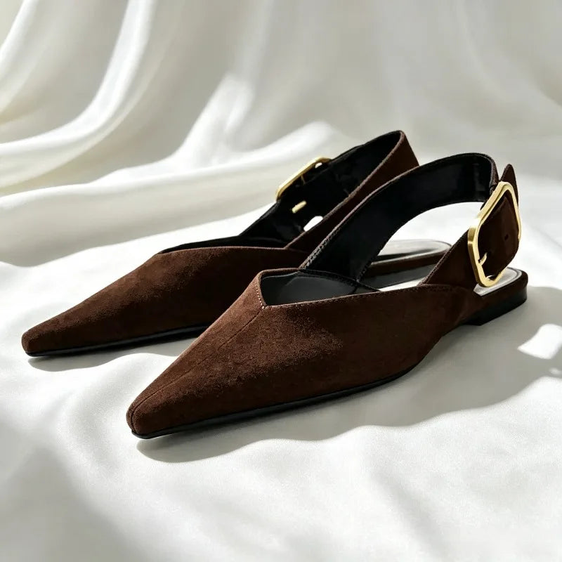 Fashion Back Strap Metal Buckle Flat Pumps Women Retro Brown Faux Suede Pointed Toe Slingback Loafers Comfortable Women Shoes