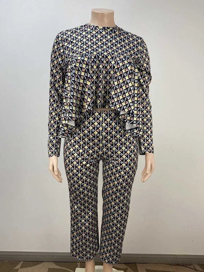New in Matching Sets Autumn Long Sleeve Plus Size Women 2 Piece Sets Plaid Blouse and Pants Suits Elegant Lady Wear Outfits