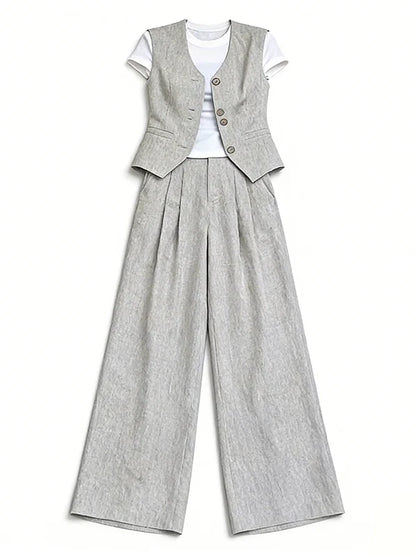plus Size Casual Style Three Piece Set Women's Summer New White T-Shirt Sleeveless Tank Top Wide Leg Pants Ensemble