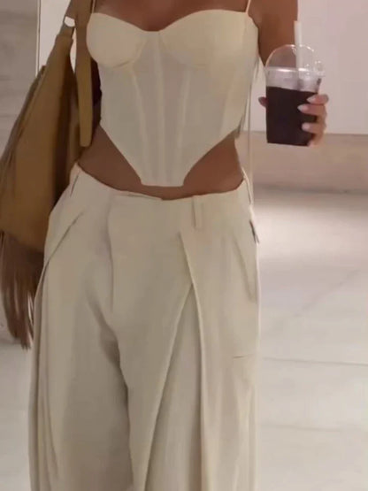 Fashion Slim Fishbone Corset Pant Set Women Sexy Slim Sleeveless Backless Crop Top Wide Leg Pants 2026 Summer Lady Solid Outfit
