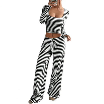 Women's Striped 2 Piece Outfits Long Sleeve Square Neck Cropped Top Drawstring Wide Leg Pants Set Casual Lounge Lady Sweatsuits