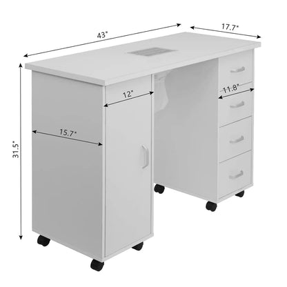 Manicure Nail Table, White Salon Desk with Dust Collector, 4 Drawers | Side Cabinet, Removable Drawers, Rolling, Customized