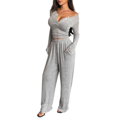Button Up Crop Top & Wide Leg Pants Set, Women's Long Sleeve Matching Lounge Outfit Casual Fall Spring Tracksuits ﻿