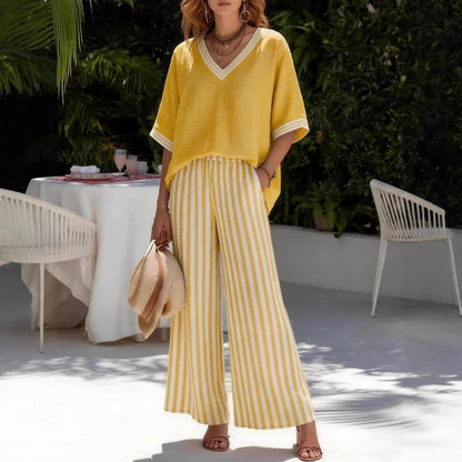 Two Pieces Women Pant Sets Striped Matching Set Short Sleeves V Neck Top Elastic Waist Wide Leg Pants Loose Casual 2026 Summer