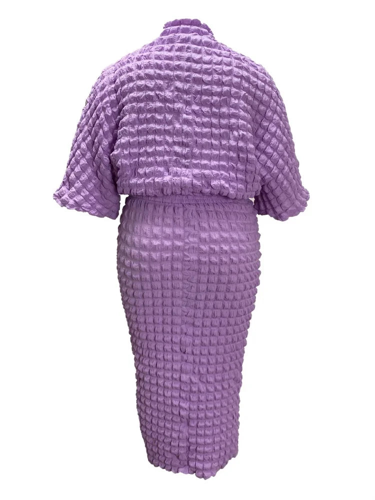 Wmstar Two Piece Set Plus Sized Women Wholesale Solid Color Bubble Fabric Bat Sleeve Top Skirt 2025 Summer Outfit Fancy Club