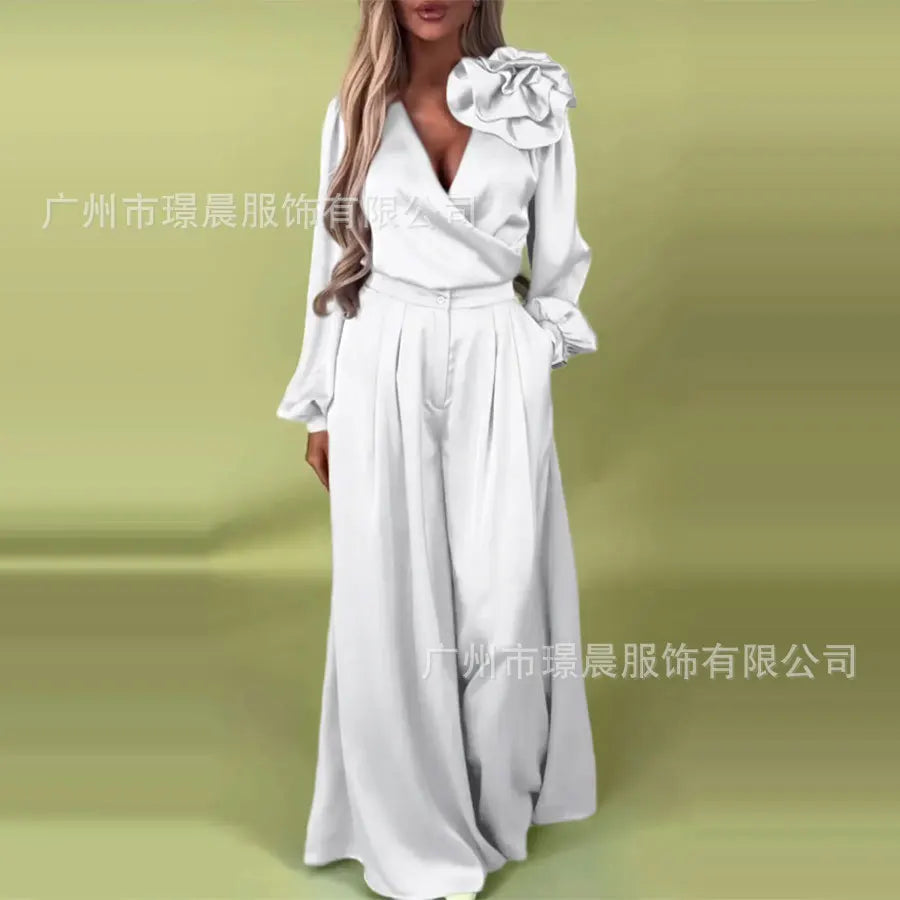 Women 3D Pants Set Elegant Flower Satin Suit For Women V Neck Blouse Wide Leg Casual Loose Trousers Set Formal Commuting