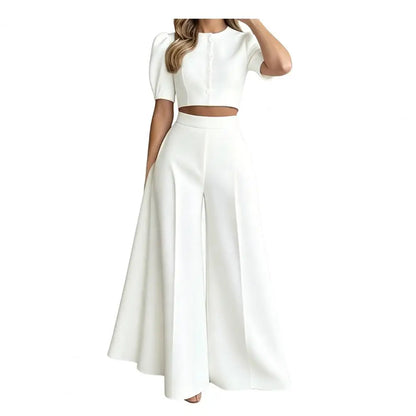 Women's Pant Sets 2 Piece Elegant Chic Short Crop Tops & Wide Leg Pants Two Piece Outfits Trouser Suits Woman Clothes