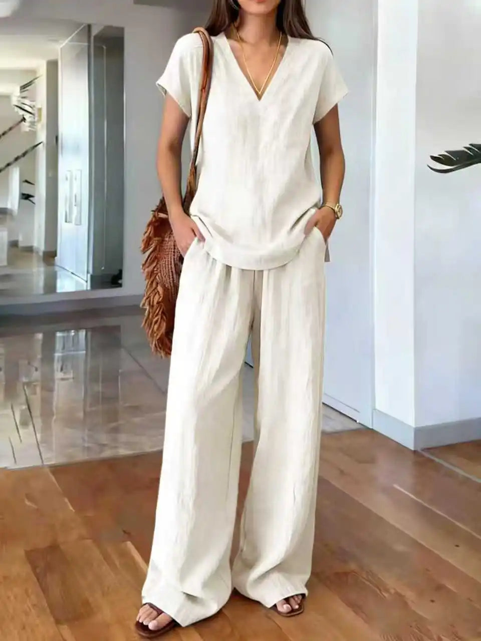 Loose Summer Trousers Set Solid Color Simple Daily Comfortable V-neck Short-sleeved Pullover Top Wide-leg Trousers Two-piece Set
