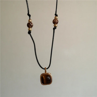 Vintage Leather Brown Stone Sun Pendant Beaded Choker Clavicle Chain Necklace For Women Unique Y2K Personalized Grunge Jewelry