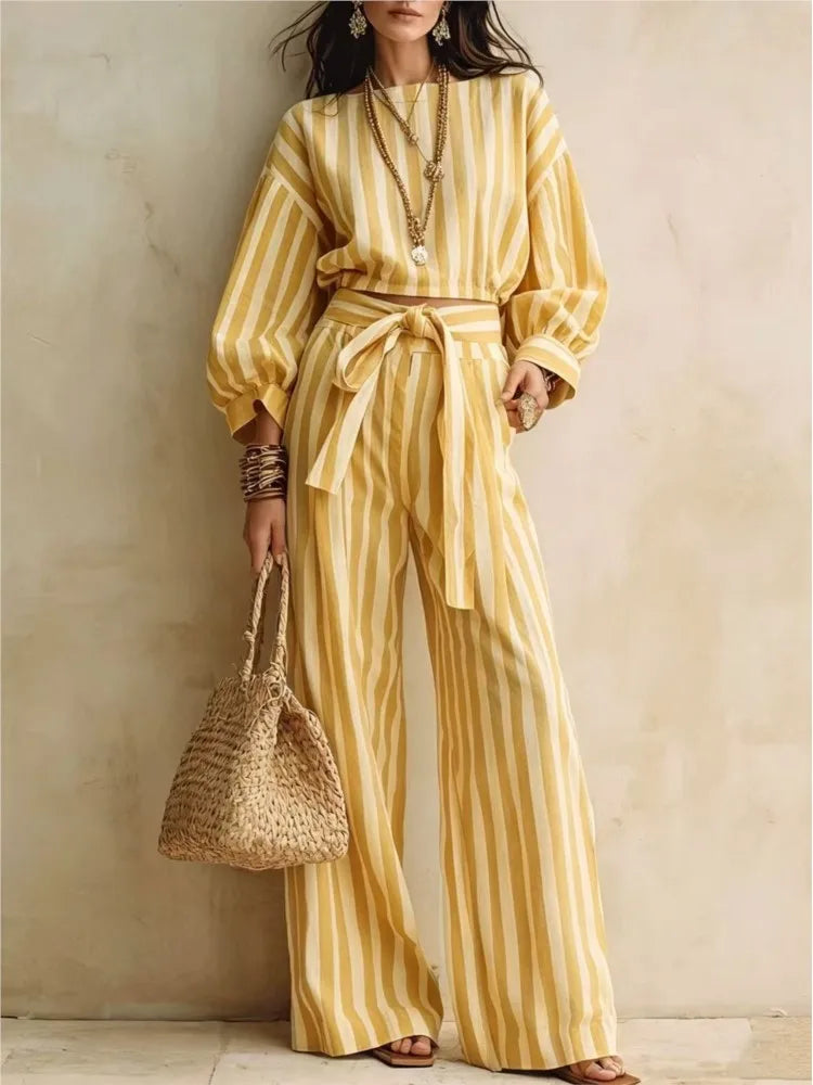 Women New Striped Long-sleeved Shirts Trousers 2piece Set Fashion Casual Ultra-short Top Waisted Lace-up Loose Wide-leg Long Set