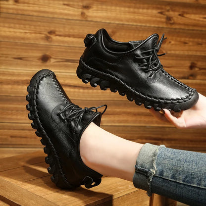 Handmade Genuine Leather Women Shoes Fashion Casual Sneakers Retro Flats Ladies Lacing Loafers Breathable Vulcanized Shoes