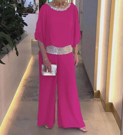 Women Sequined Patchwork Loose Batwing Blouse Pant Sets 2 pcs Sale Pink Loose Blouse&Wide Leg Loose Trousers Suits NMD-250310004