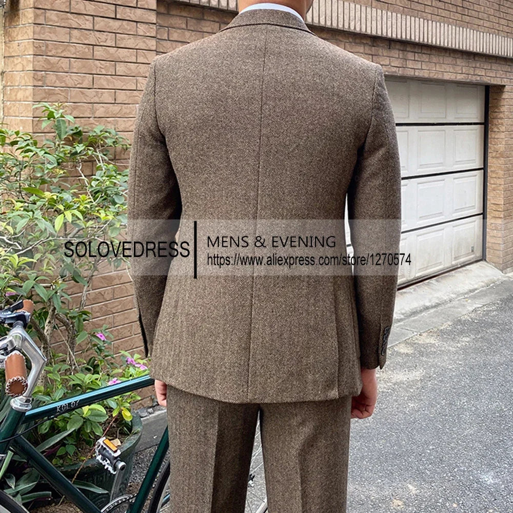 3 Pieces Men's Suits Tweed Herringbone Slim Fit Business Cauasl Waistcoat  Jacket Groomsmen Wedding Suits（Blazer+vest+Pants）