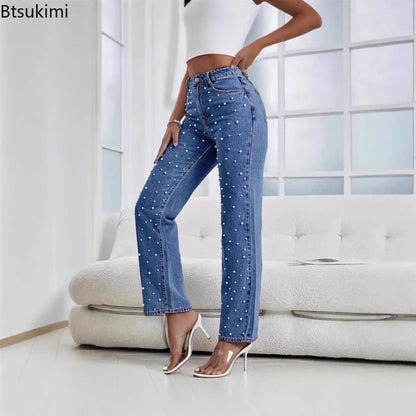 New 2026 Women's Jeans Pants Beading High Waist Casual Straight Pants for Women Streetwear Elegant Splice Denim Female Trousers