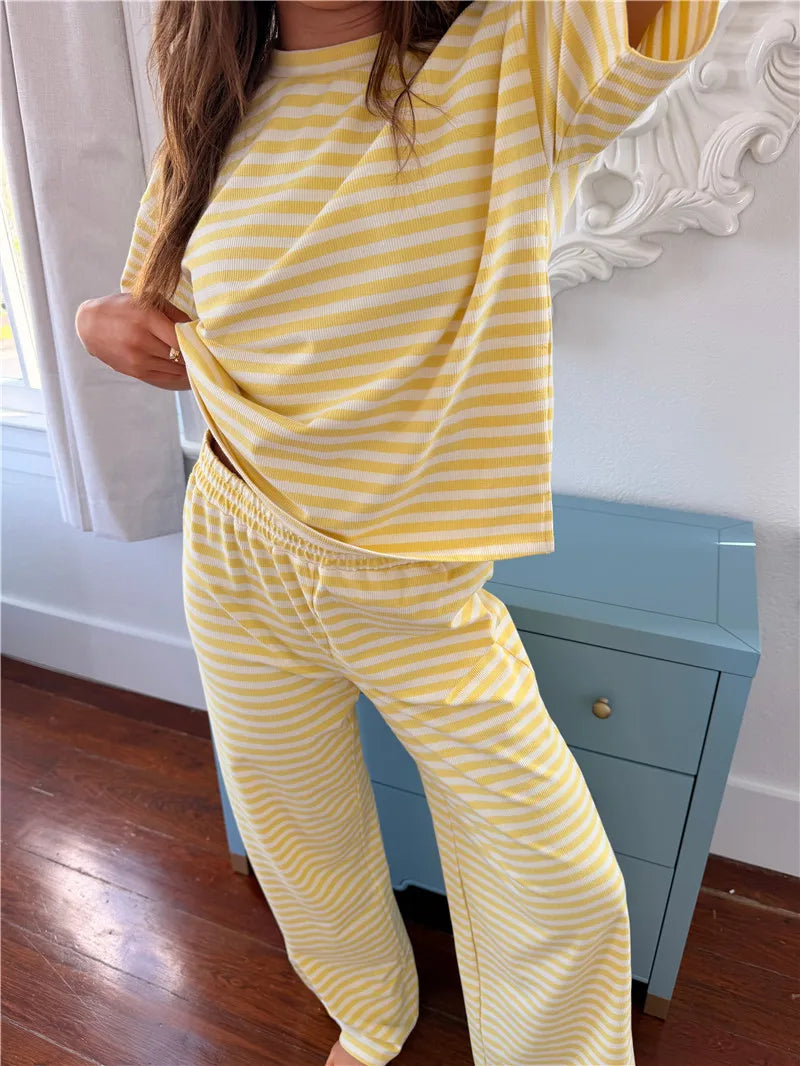 Women Y2K Striped Two Piece Outfit Summer Basic Short Sleeve Crew Neck Top and Wide Leg Pants Set Casual Loungewear Homewear