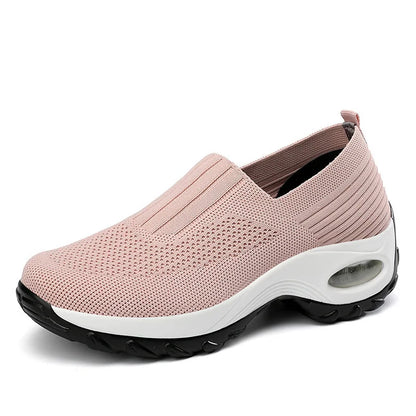 Breathable Mesh Slip-On Sports Shoes Comfortable Thick Bottom Heightening Walking Shoes for Women Casual round Toe Rubber Sole