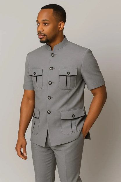 Safari Men Suits with Short Sleeves for Prom Party 2 Pieces Chinese Fashion Style Outdoors Costumes Suit Set Custom Made