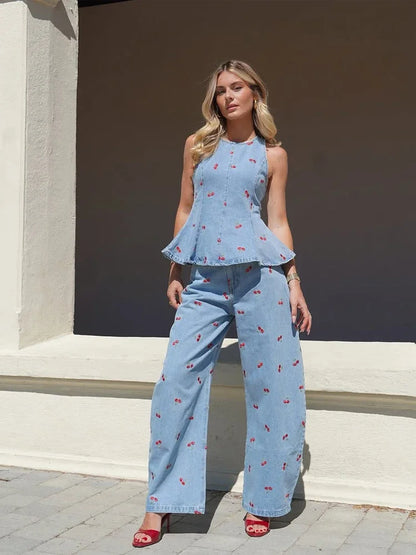 Denim Printed Sleeveless Pants  2-piece Set Women's Elegant Round Neck Fashion Short Shirt Long Pants Suits 2026 Street Outfit