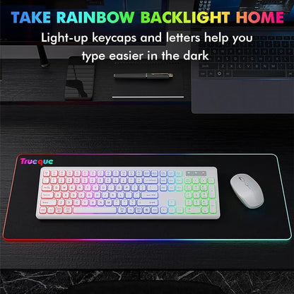 USB Wireless Keyboard and Mouse Set RGB Backlit Rechargeable Light Up Letters Full-Size Wireless Keyboard for Computer