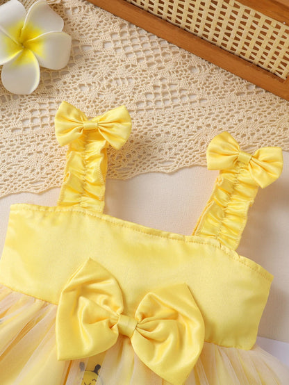 Sweet Baby Girls Summer Yellow Bee Print Mesh Tutu Dress with Bow Accents