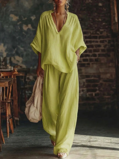 Fashion V Neck Short Sleeve Top Suit Women's Set Spring Summer Loose Blouse Top Wide Leg Trousers Female Vacation 2 Piece Set