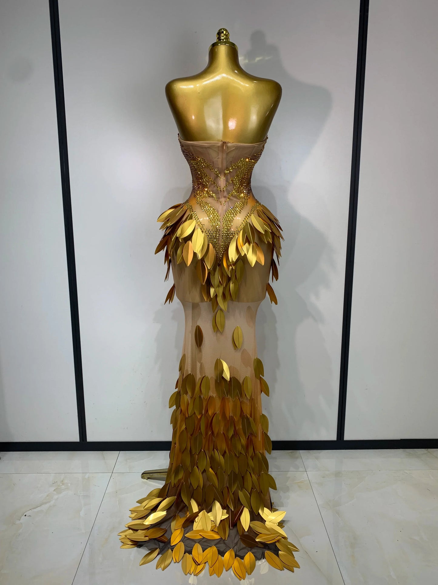 Women Sexy Strapless Mesh Maxi Long Dress Sparkly Gold Rhinestone Sequin Evening Party Gown Luxury Nightclub Birthday Prom Dress
