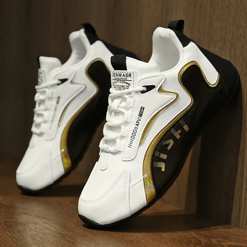Men'S Black And White Gold Accent Running Shoes Breathable Mesh Upper Lightweight Non Slip Athletic Sneakers For Daily Wear