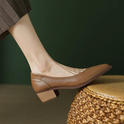 2026 New Spring Women Pumps Shallow Genuine Leather Med Heels Pointed Toe Summer Women Shoes Lady Shoes Leather Shoes