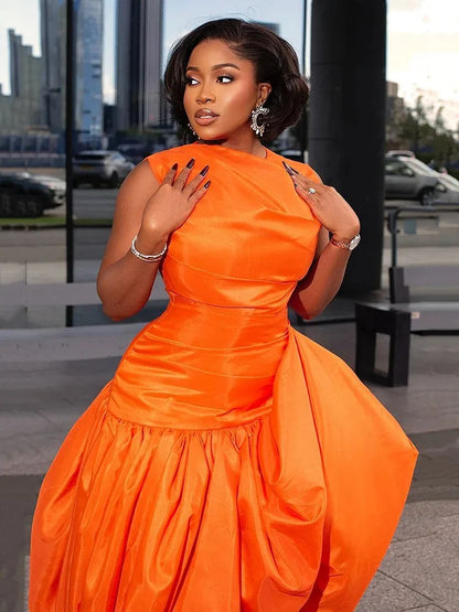 Women's Elegant Cinch Waist Cocktail Maxi Dress Orange Crew Neck Sleeveless High Waist Slim Chic Dinner Club Party Long Dresses