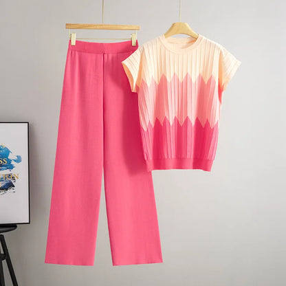 Casual Gradient Summer Knit Pants Sets Women Loungewear 2 Piece Women Set Knitted Tank Top Two Piece Set For Women