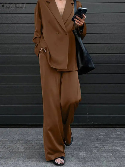 ZANZEA  2024 Fashion Women Loose Pants Sets Long Sleeve Shirts Wide Leg Pants Lady Casual Office Outfits Tracksuit Streetwears