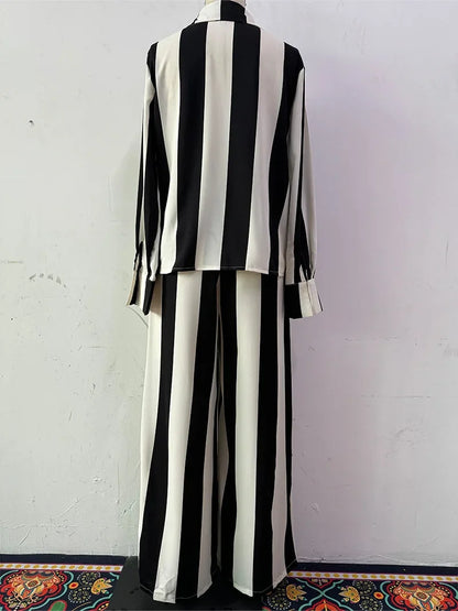 Women Two Pieces Set Striped Long Sleeve Turn Down Collar Shirts Button Wide Leg Pants Suits Regular Elegant Office Lady 2025