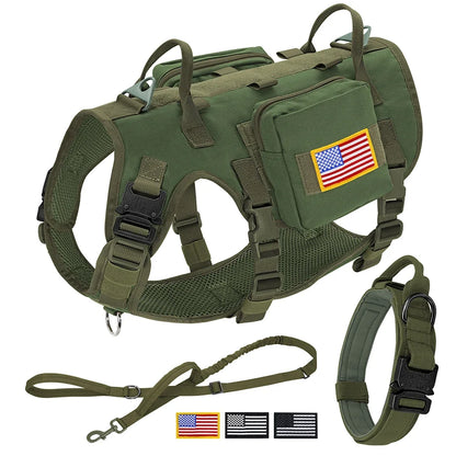 Tactical Dog Harness Collar Leash Set Military Training Pet Vest with Pouches Flags Durable Collars for Big Dogs German Shepherd