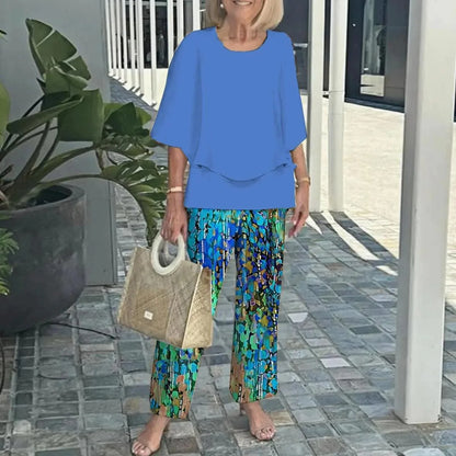Summer Fashion New 2 piece Sets Women o-neck Sleeve print Pants Suits Casual Loose Irregular Top Wide Leg Pant two piece Set