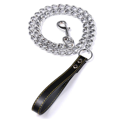 Metal Chain Dog Lead with Leather Style Handle Strong Control Leash Iron Dog Pets Supplies Collars Harnesses Chain Traction Rope