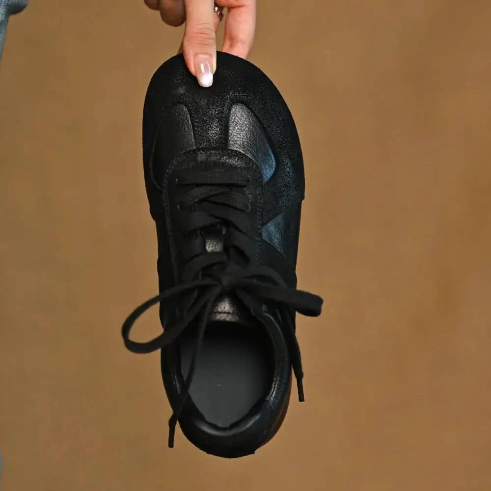 Women Sneakers Spring 2025 New Genuine Leather Non-slip Round Toe Women Shoes Shallow Bow Casual Women Shoes Black