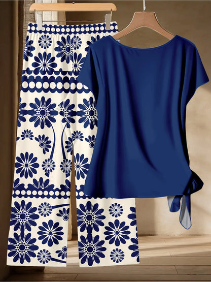 Summer Women's Plus Size Casual Loose Two-Piece Set Solid Color Twisted T-Shirt + Blue and White Printed Wide Leg Pants Set