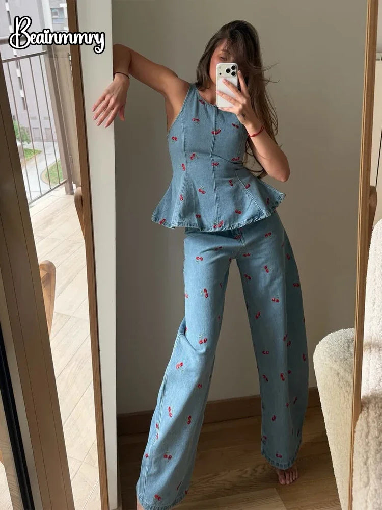 Denim Printed Sleeveless Pants  2-piece Set Women's Elegant Round Neck Fashion Short Shirt Long Pants Suit 2026 Street Outfit