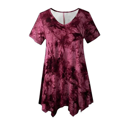 5XL Plus Size Woman Clothing Tie Dye Short Sleeve T-Shirt Casual New V Neck Irregularity Tops Big Size Ladies Loose Tops Long