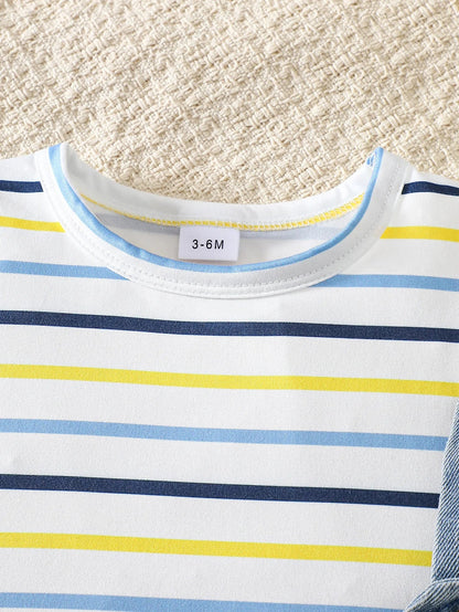 Baby Boy Striped Short-Sleeved T-Shirt + Bear Denim Overalls Shorts Set, Cute Summer Two-Piece Set, Soft and Breathable Childlike Outfit