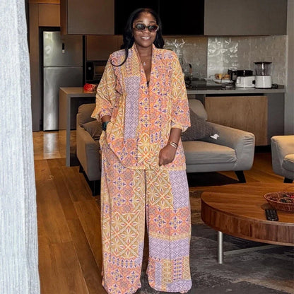 Elegant African Fashion Vintage Ethnic Printed Women Two Piece Set V Neck Long Sleeve Loose Top And Wide Leg Pants Set