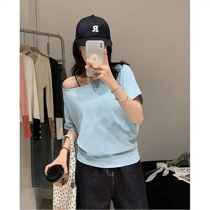 Fashion Loose Ladies Batwing Sleeve Trend Solid Color Off Shoulder Summer New Style Pullover Slash Neck Tshirt Tops Short Sleev