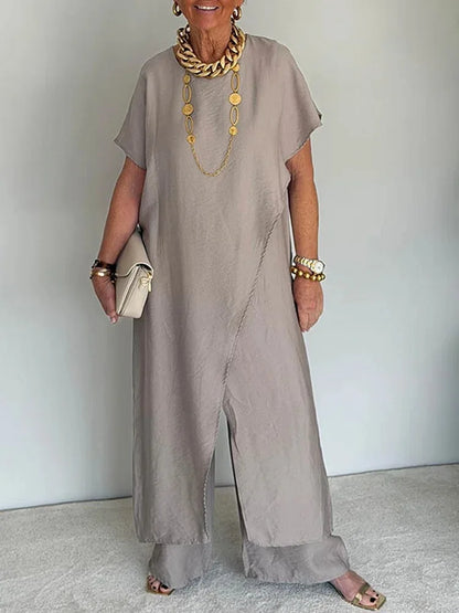 Loose Irregular 2 Piece Set for Women Short Sleeve Round Neck Long Top + Wide Leg Pants Casual Outdoor Commuting Versatile Suit