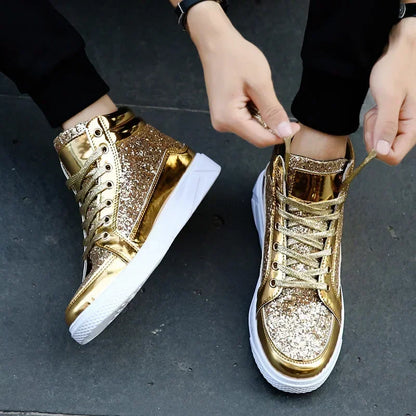 Men's Gold Sequins Platform Boots Autumn Fashion Casual Sports Shoes Thick Bottom Vulcanized Shoes Man Flats Heels Shoes Hombres