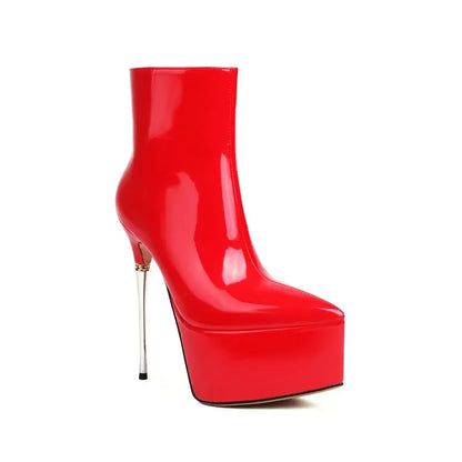 Sexy Patent Leather Shiny Gold Red Pole-dancing Stripper Super Thin High Heels Shoes Trendy Platform Ankle Stiletto Women Boots
