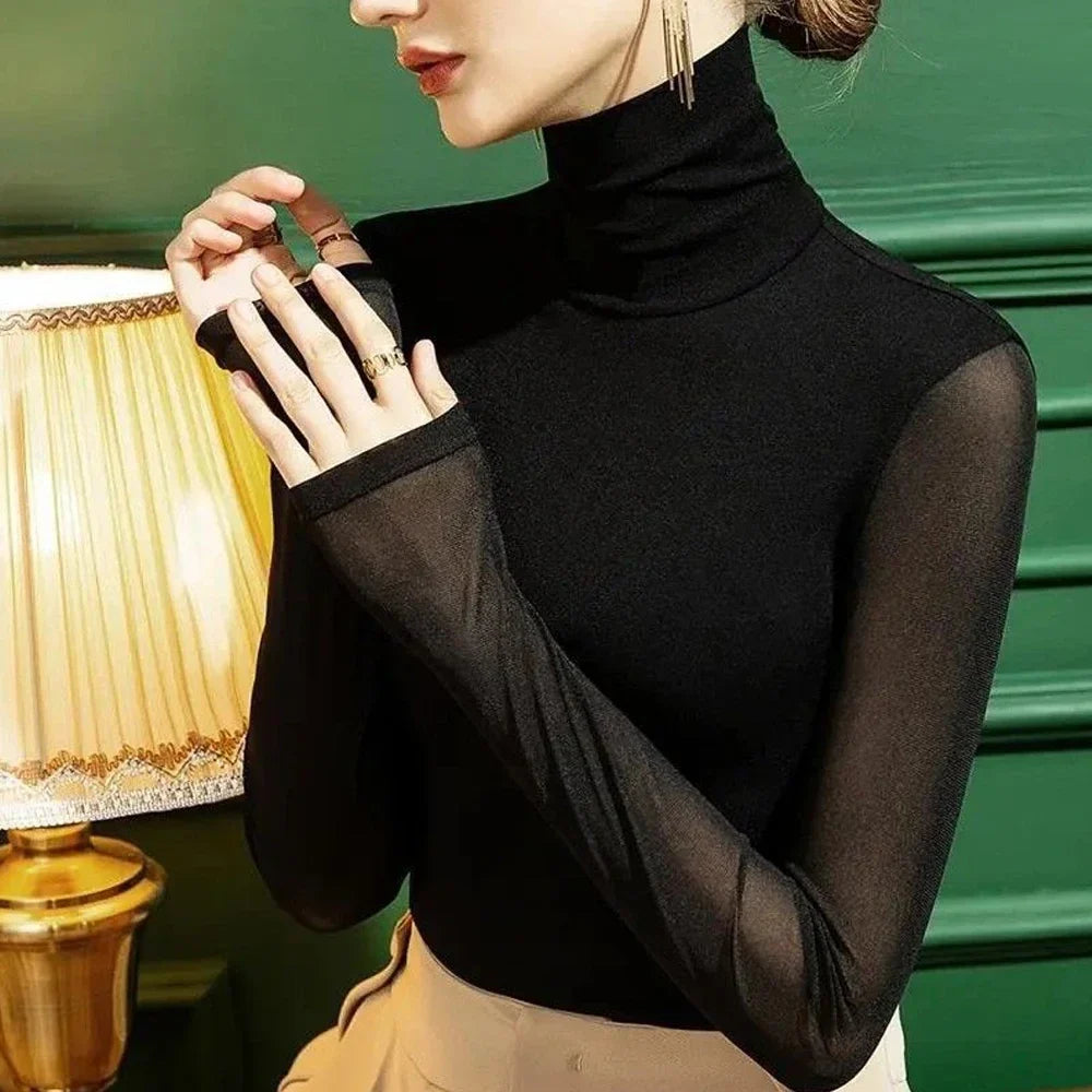 Long Sleeve High-neck Lace T-shirt Top Spring Autumn New Mesh Bottoming Shirt Women's Perspective Sexy T shirt Tees S-4XL Green