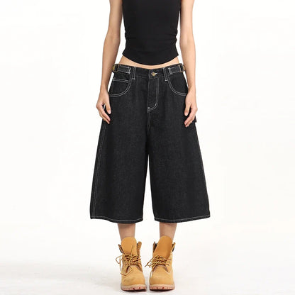 American Retro Baggy Wide Leg 3/4 Length Jean Women Y2K  Vintage Spring Summer Streetwear Skater Pants Casual Simple Daily Wear